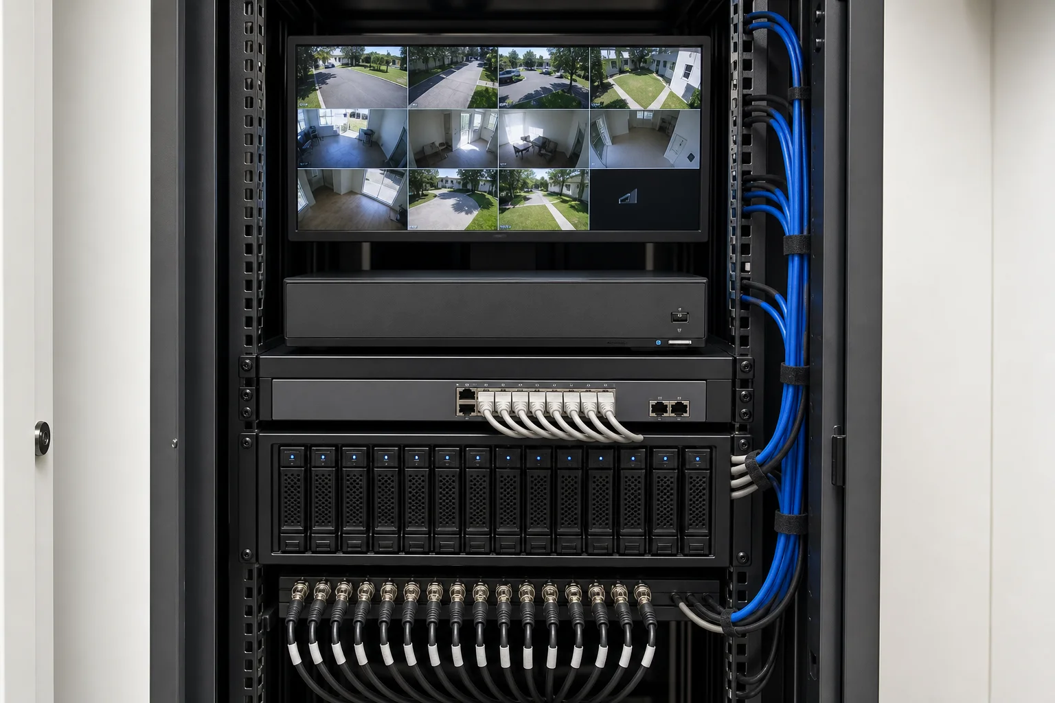 NVR equipment rack with hard drive storage and a camera feed monitor in Mesa, Arizona