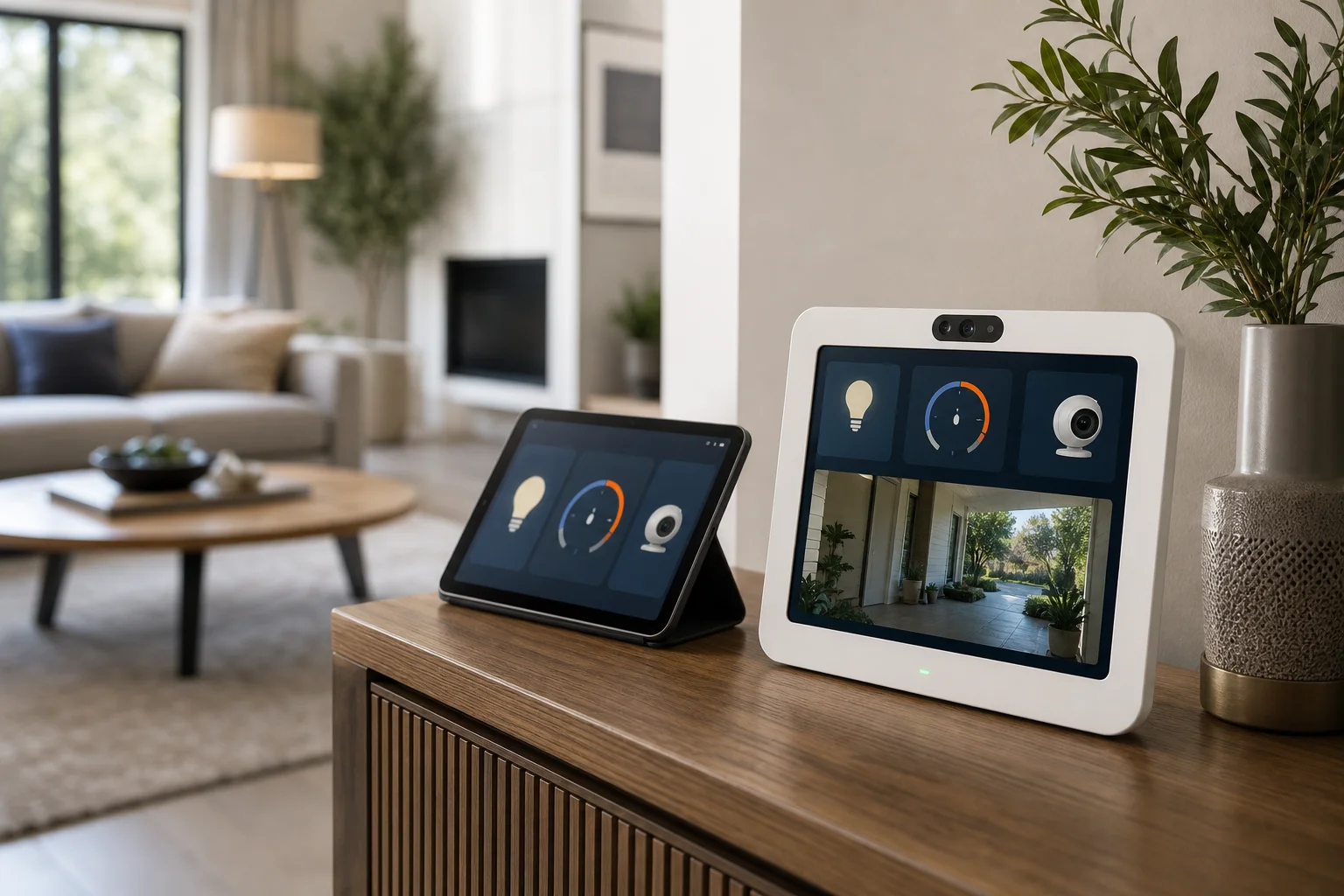 Smart home hub screen showing connected lighting, thermostat, and camera voice control options