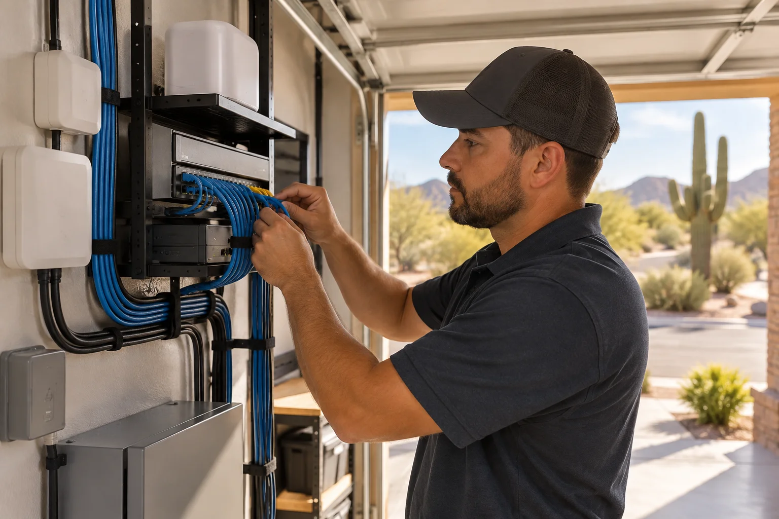 Technician checking outdoor network equipment mounted in an Arizona garage during extreme heat