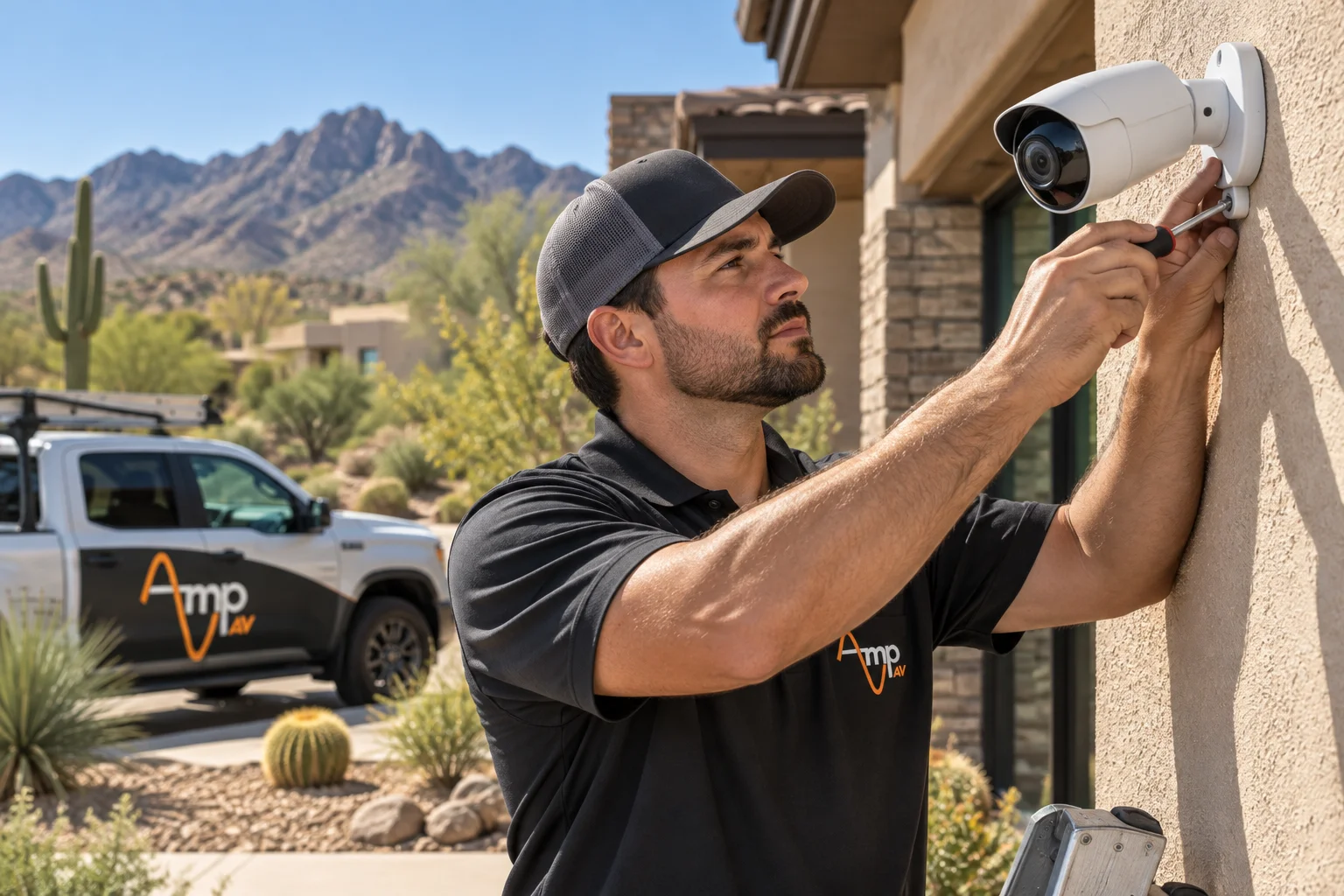 Amp AV technician installing a security camera on an Arizona second home before the owner leaves it empty