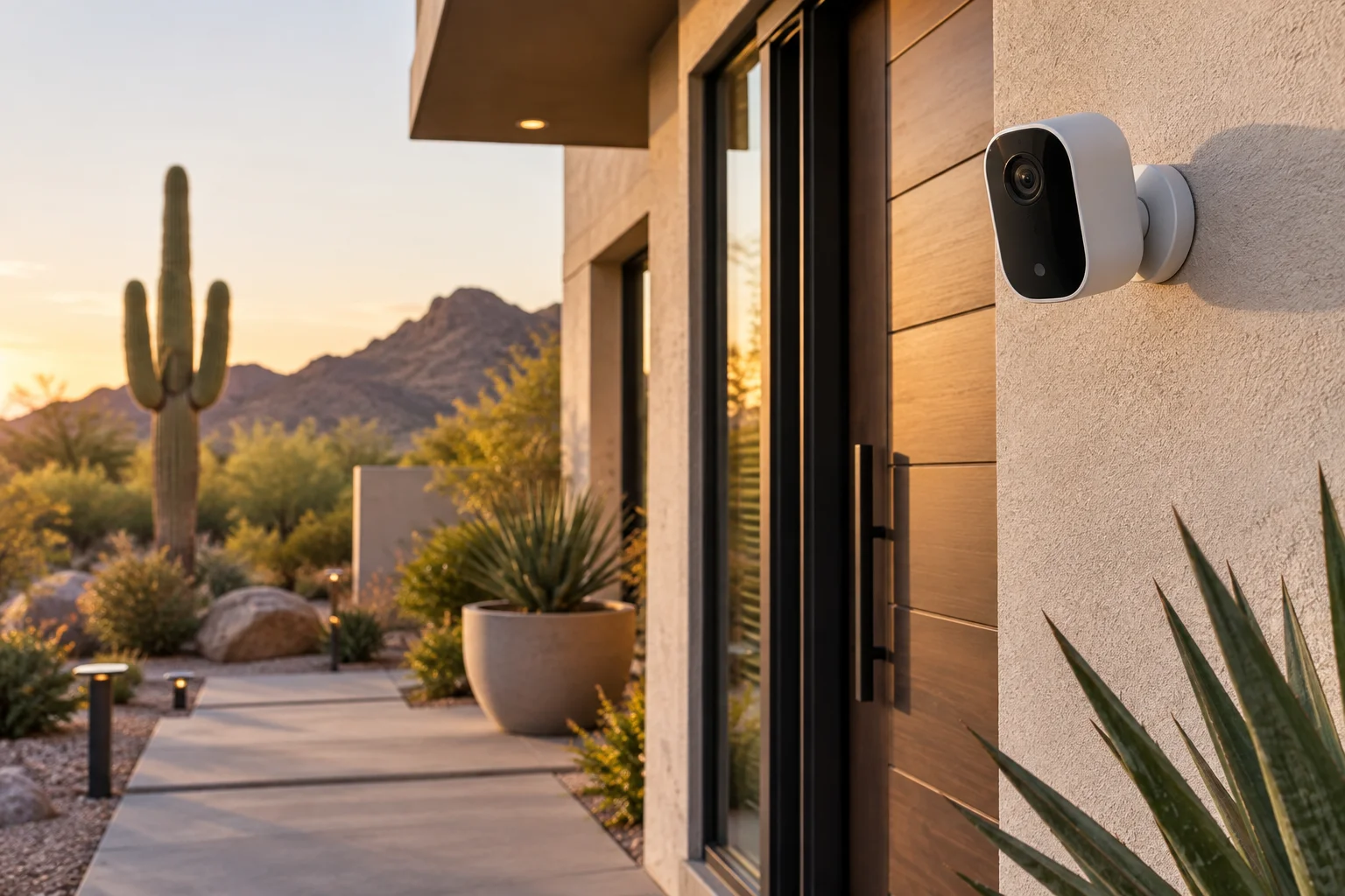 Wireless security camera mounted on a desert home exterior wall with a cellular signal indicator light
