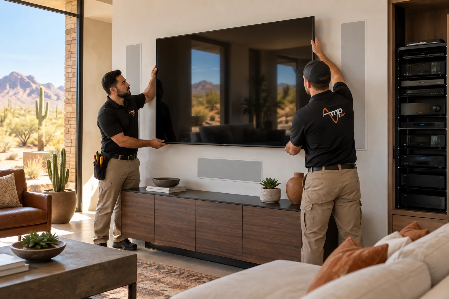 Amp AV technicians installing a home theater system with mounted TV and speakers in a Mesa, AZ living room