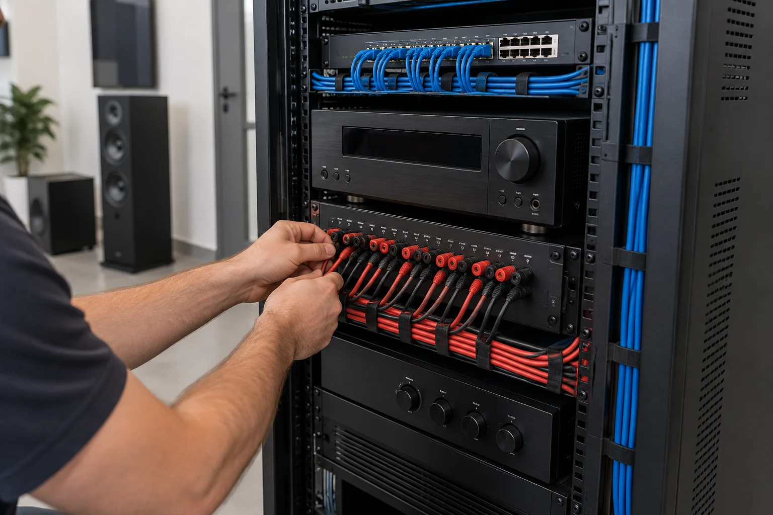 Technician wiring an AV equipment rack with speaker cable during a home theater installation