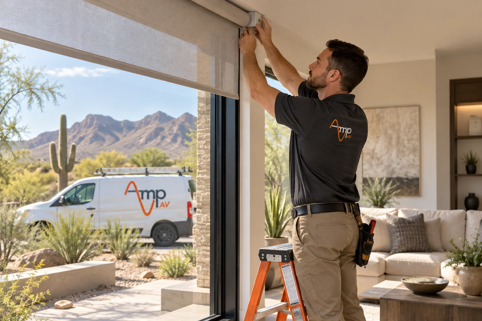 Amp AV technician installing a motorized window shade in a sunlit Arizona living room