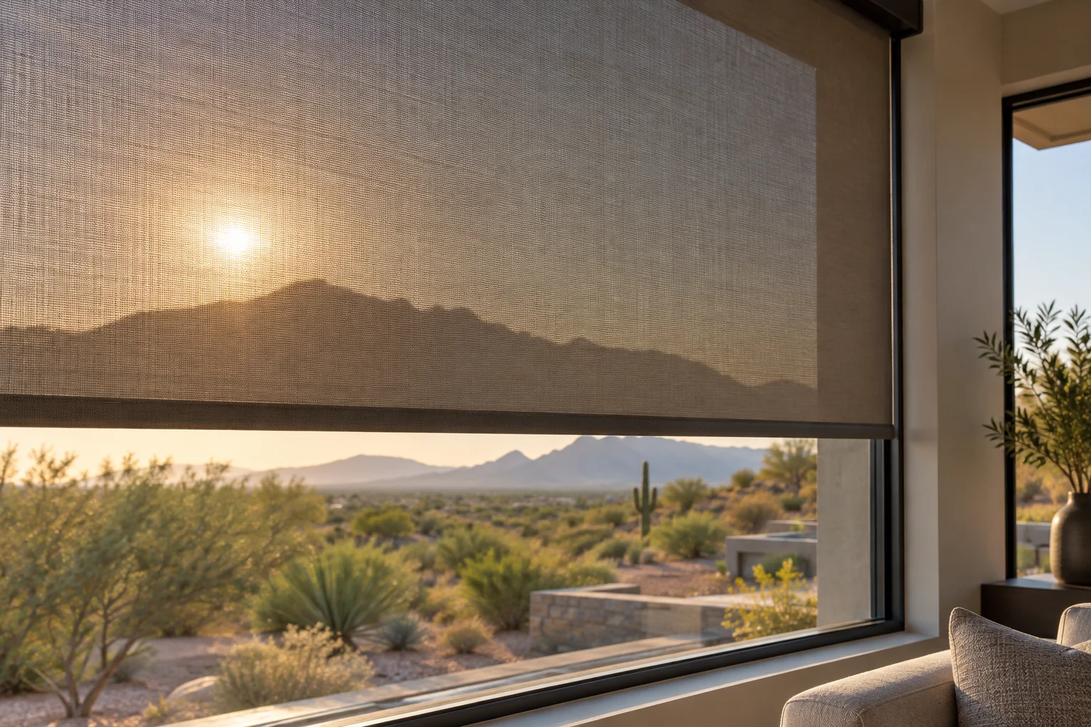Motorized solar shade fabric lowering over a west-facing window with Arizona desert views outside